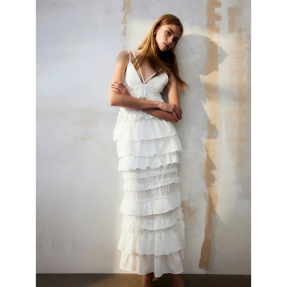 NWT H&M Divided White Tiered Ruffle Maxi Dress‎ Strappy V-Neck XL New